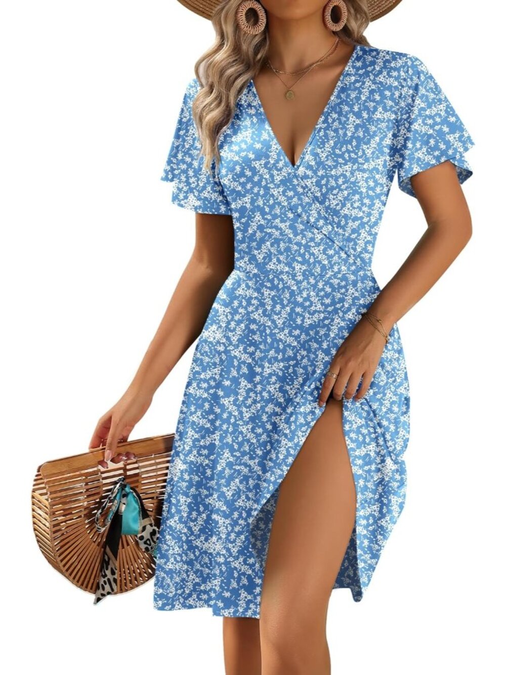 〽️Light Blue Floral Wrap Dress Women’s V Neck Ruffle Sleeve A Line Pocket